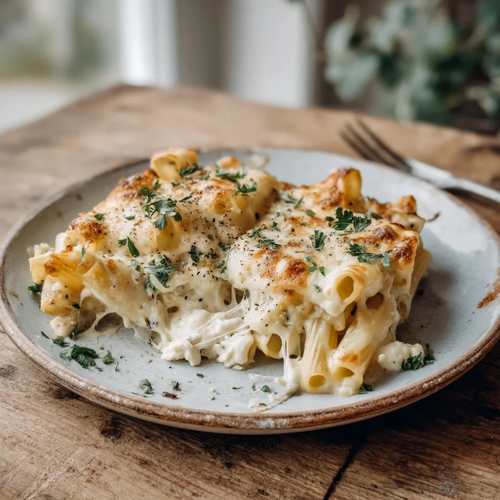 creamy cottage cheese baked ziti with golden crust and fresh basil in white ceramic dish