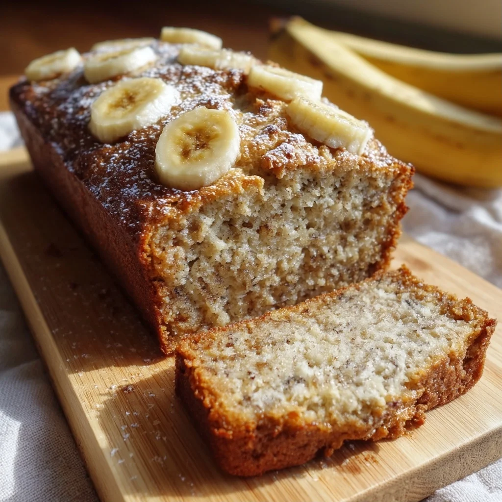 Moist cottage cheese banana bread with golden crust and visible banana chunks, topped with melted butter drizzle