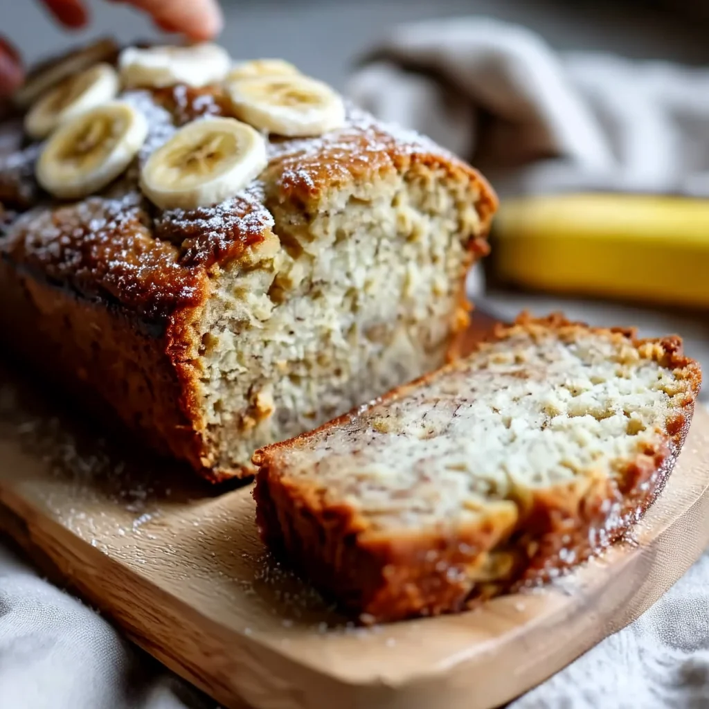 Moist cottage cheese banana bread slice with golden crust and visible banana chunks on a rustic wooden board