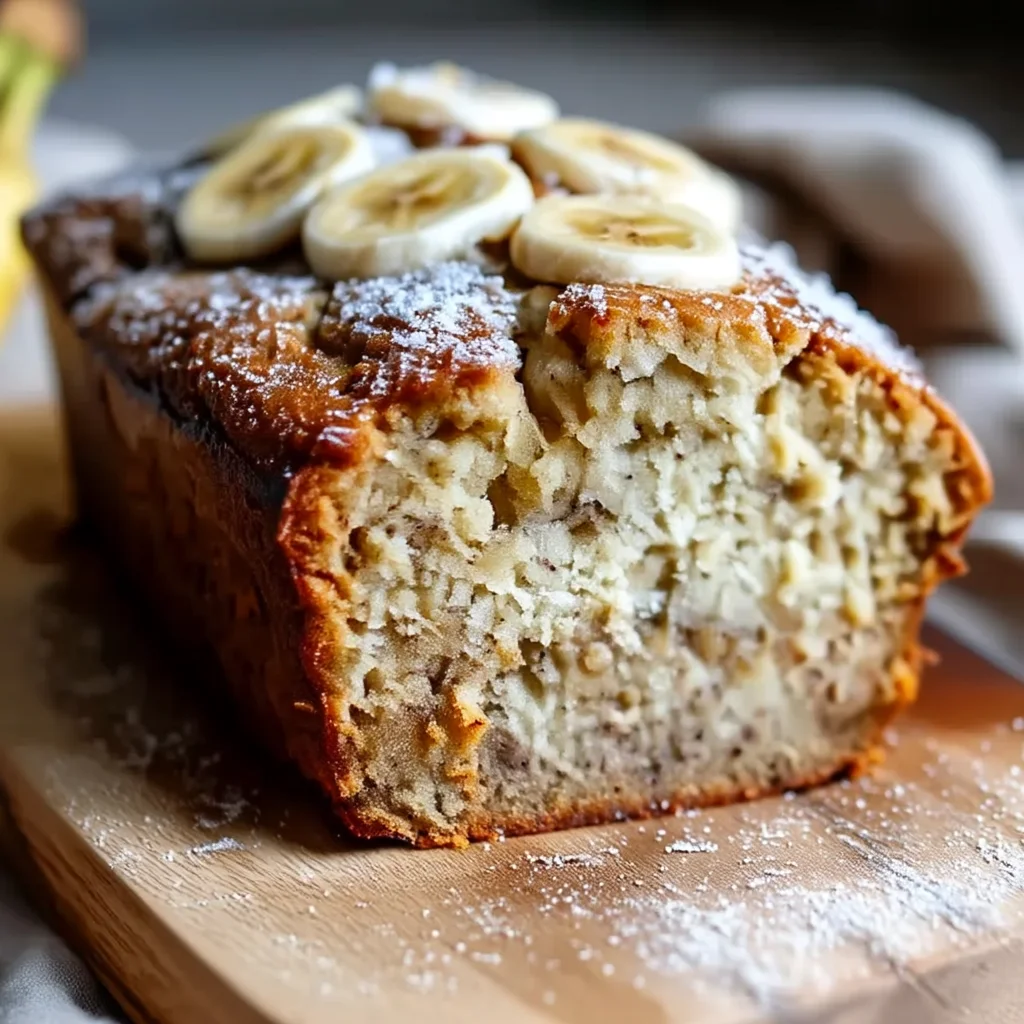 moist cottage cheese banana bread slice with golden crust and visible banana chunks