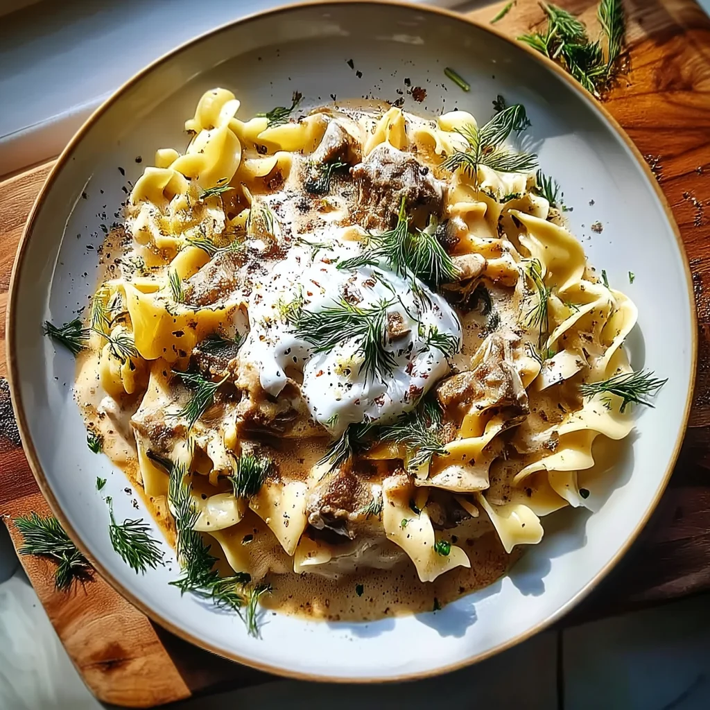 creamy cottage cheese beef stroganoff with golden noodles and fresh dill garnish