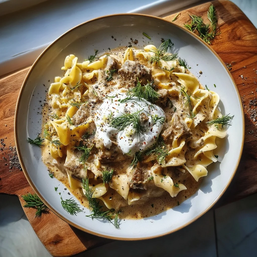 creamy cottage cheese beef stroganoff with golden noodles and fresh dill garnish in white ceramic dish