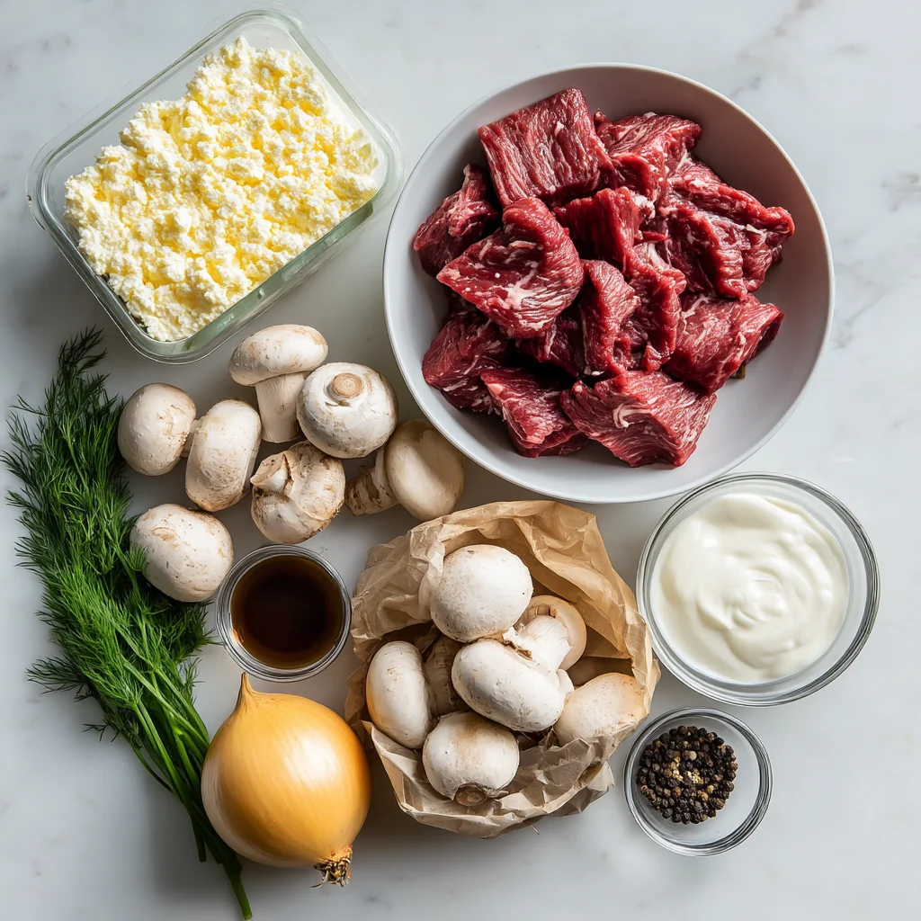 creamy cottage cheese beef stroganoff with golden noodles and fresh parsley garnish