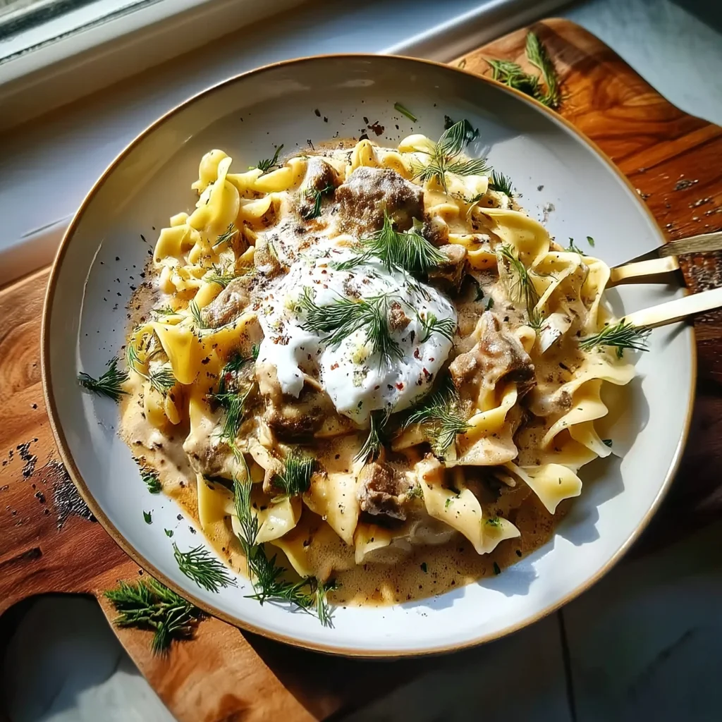 Cottage cheese beef stroganoff served in a white ceramic dish with creamy sauce coating tender beef and potatoes, topped with