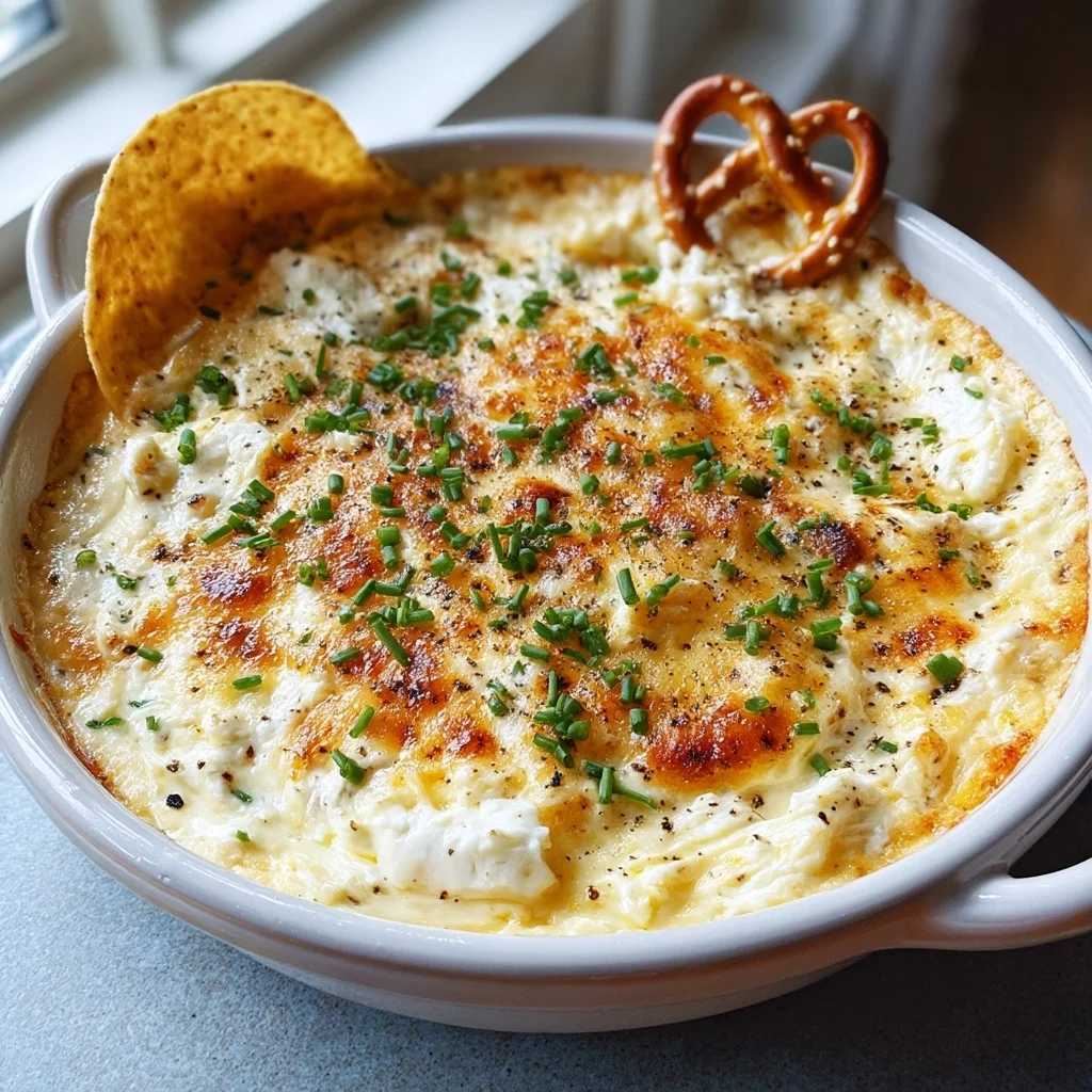 creamy cottage cheese beer cheese dip in a white ceramic dish with golden edges and fresh herbs sprinkled on top