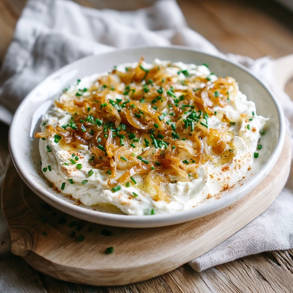 creamy cottage cheese french onion dip in a white ceramic dish with golden edges and fresh herbs sprinkled on top