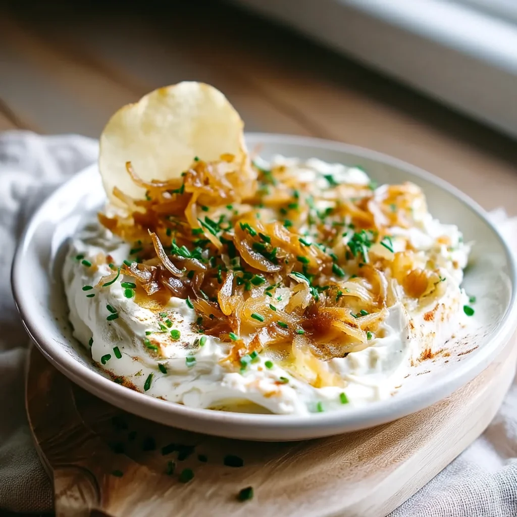 creamy cottage cheese french onion dip in white ceramic dish with golden caramelized onions and fresh chive garnish