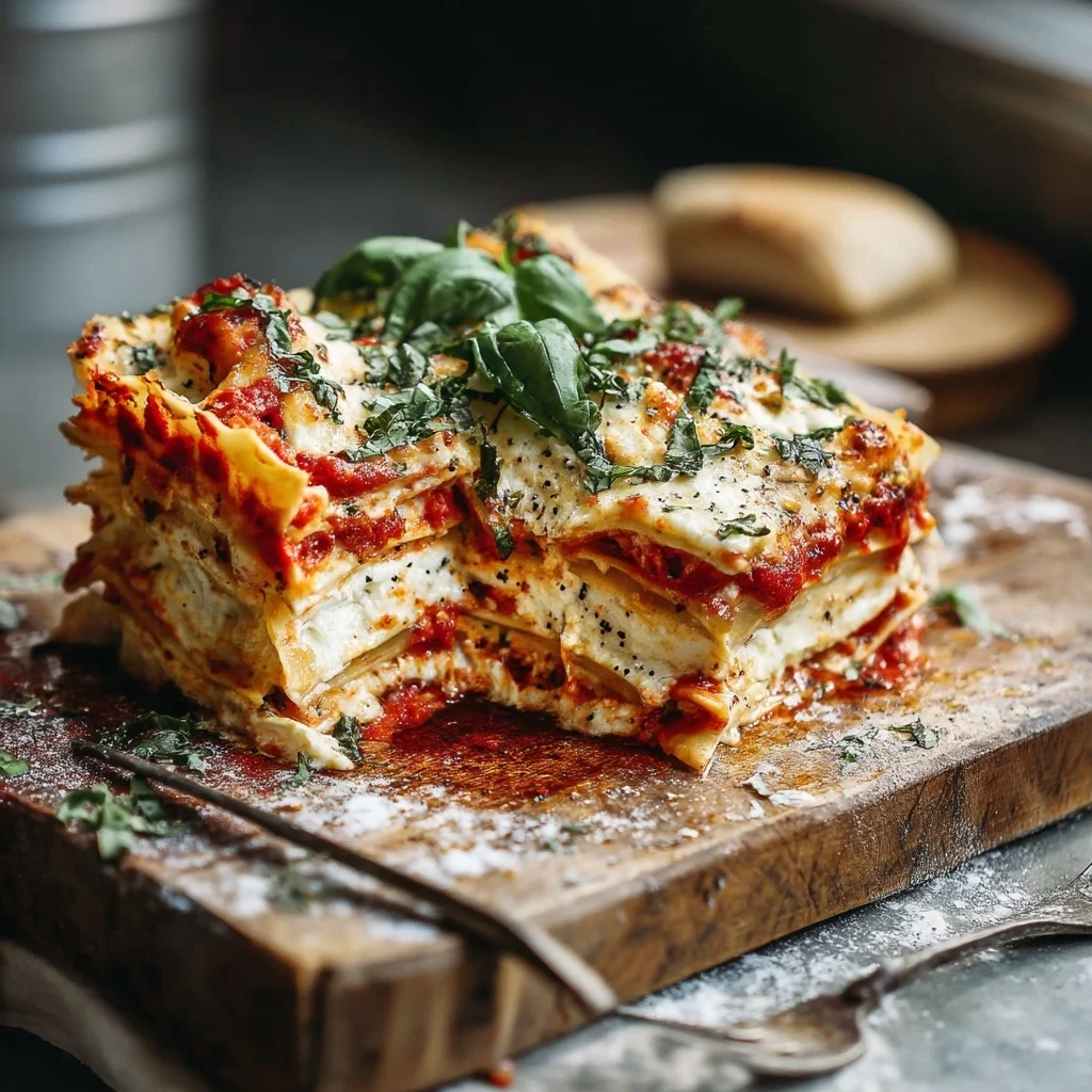 creamy cottage cheese lasagna with golden bubbly cheese topping in white ceramic baking dish