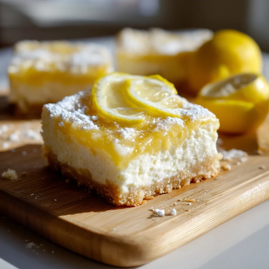 golden cottage cheese lemon bars with creamy lemon glaze drizzled over crumbly crust
