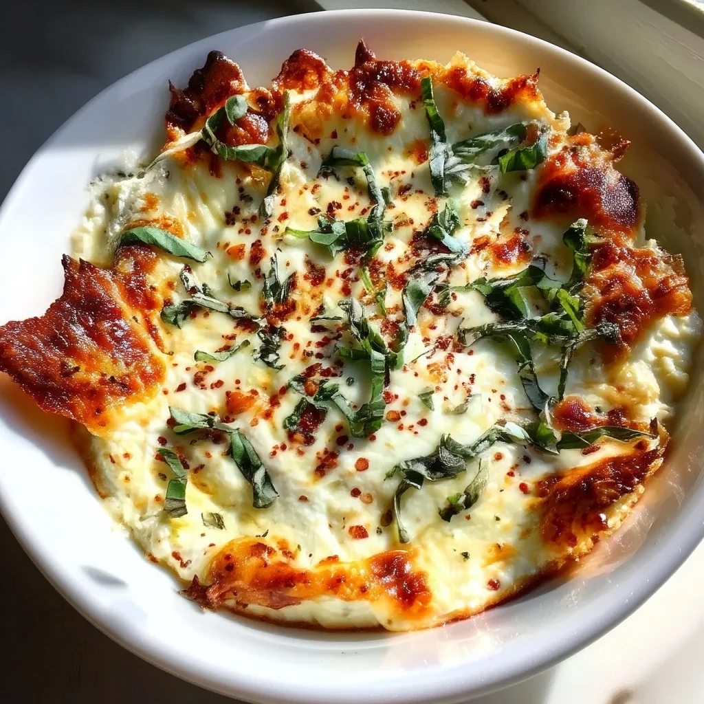 creamy cottage cheese pizza dip bubbling in a white ceramic dish, topped with melted cheese and fresh herbs