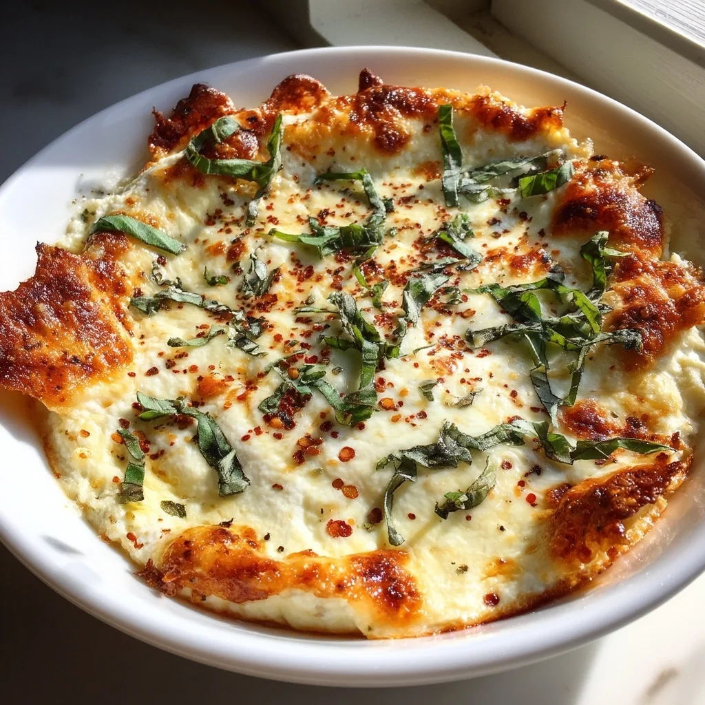 creamy cottage cheese pizza dip in a white ceramic baking dish, topped with melted mozzarella and fresh basil