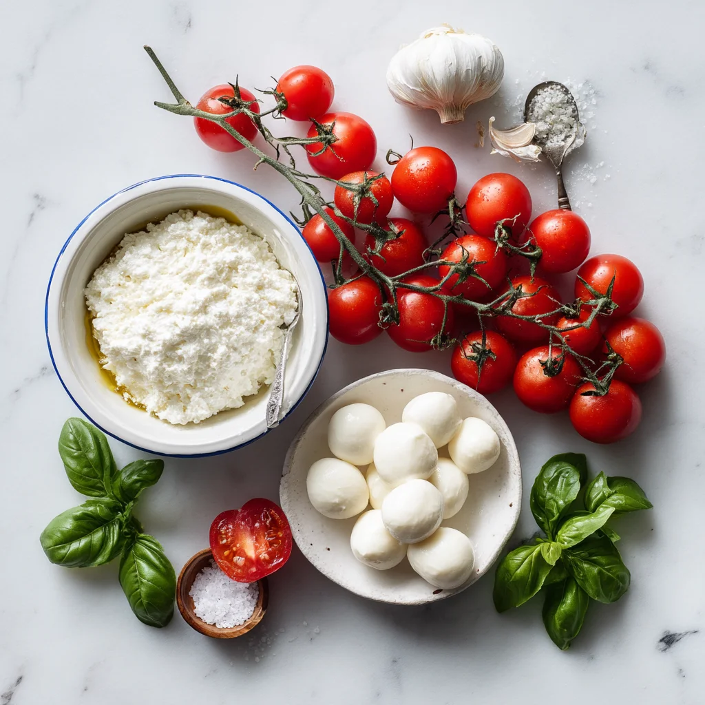 Cottage cheese pizza dip in a white ceramic dish with creamy melted cheese, golden edges, and fresh basil garnish