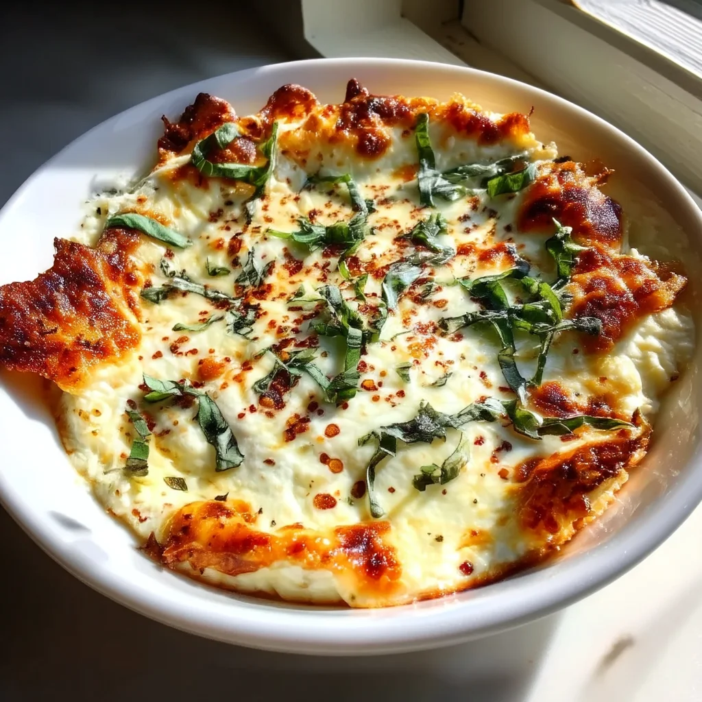 creamy cottage cheese pizza dip bubbling in ceramic dish with golden crust and fresh basil garnish
