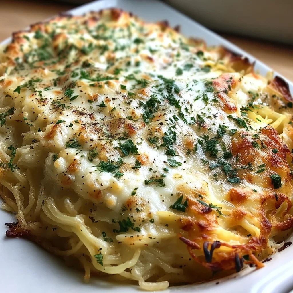 creamy cottage cheese spaghetti bake with golden crust and fresh herbs in white ceramic dish