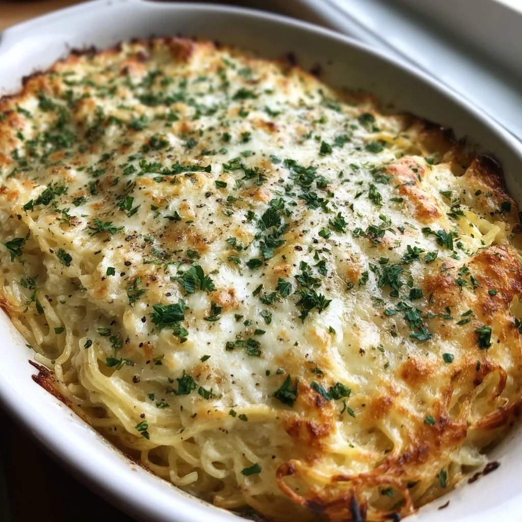 golden baked cottage cheese spaghetti bake with creamy tomato sauce, melted cheese, and fresh parsley garnish