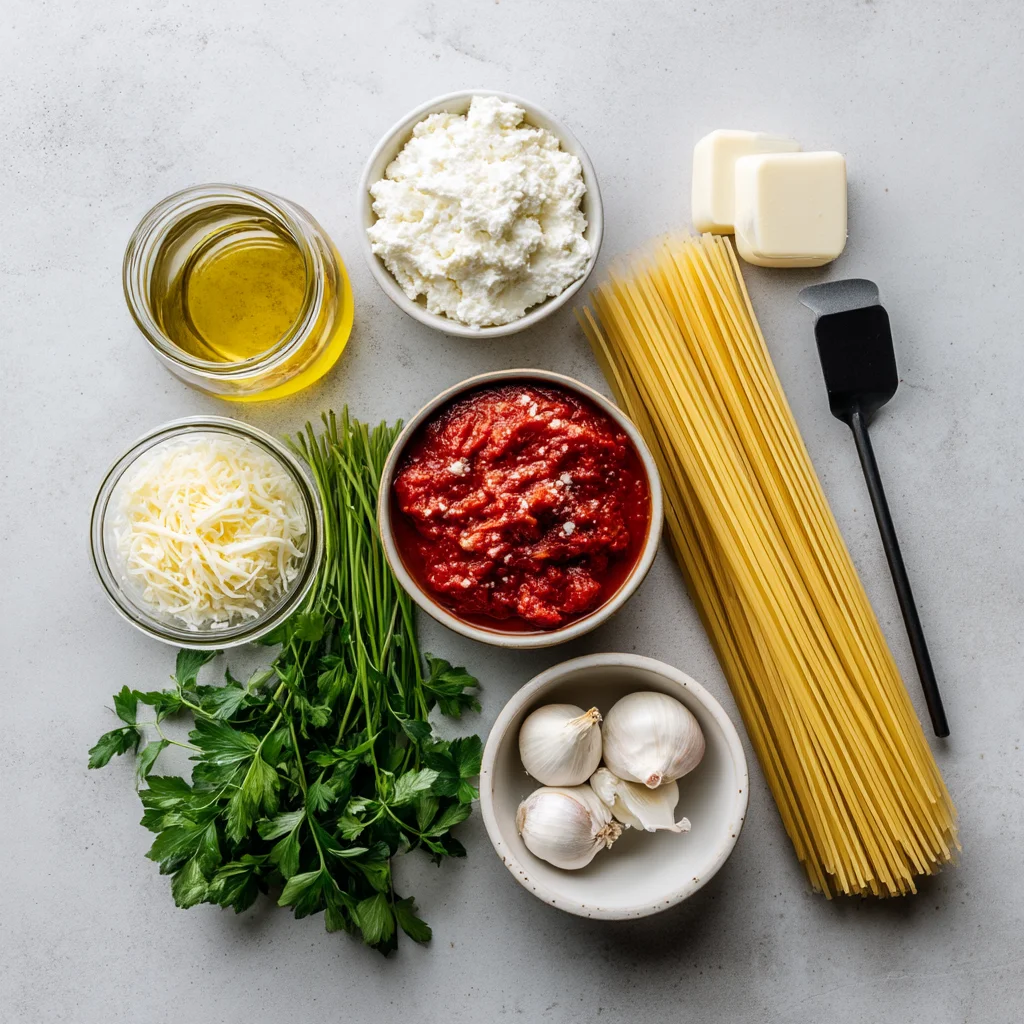 creamy cottage cheese spaghetti bake with golden edges and fresh herbs in a white ceramic dish