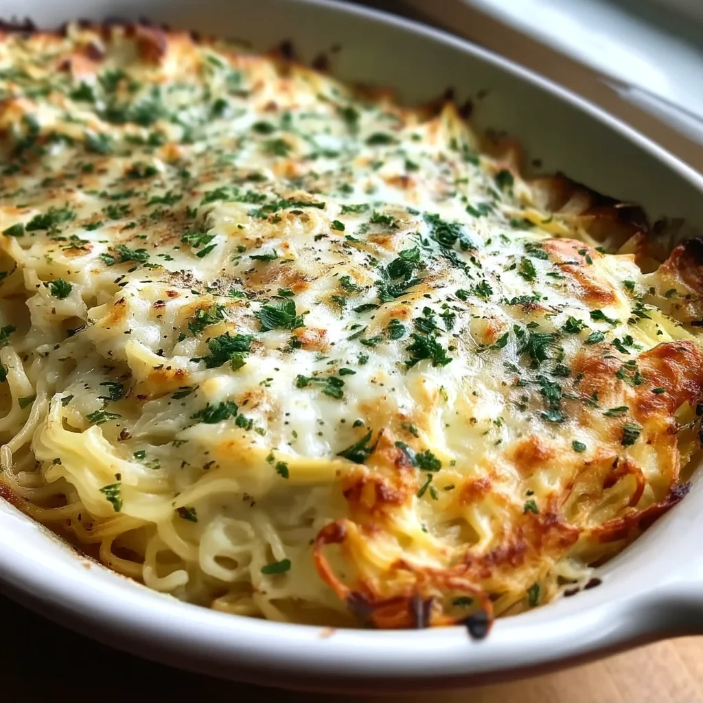 creamy cottage cheese spaghetti bake with golden edges in a white ceramic dish, topped with fresh herbs