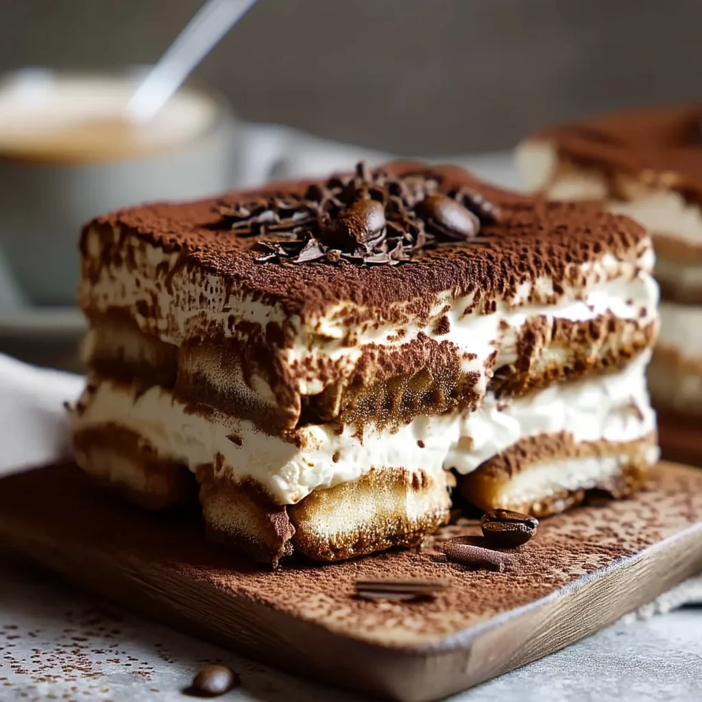 creamy cottage cheese tiramisu with dusted cocoa powder and ladyfinger layers in white dish