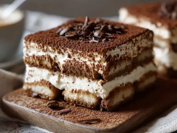 creamy cottage cheese tiramisu in a white ceramic dish with layers of coffee-soaked ladyfingers and dusted cocoa