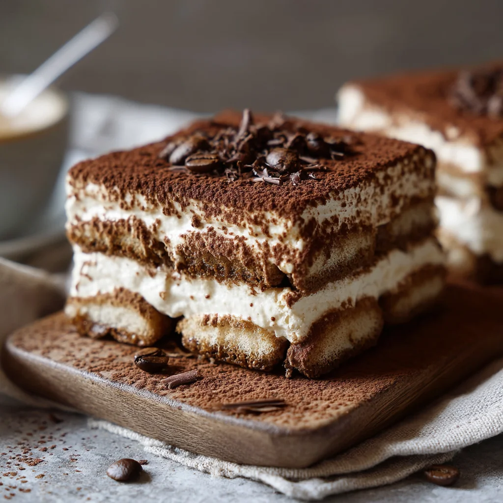 creamy cottage cheese tiramisu in a white ceramic dish with layers of coffee-soaked ladyfingers and dusted cocoa