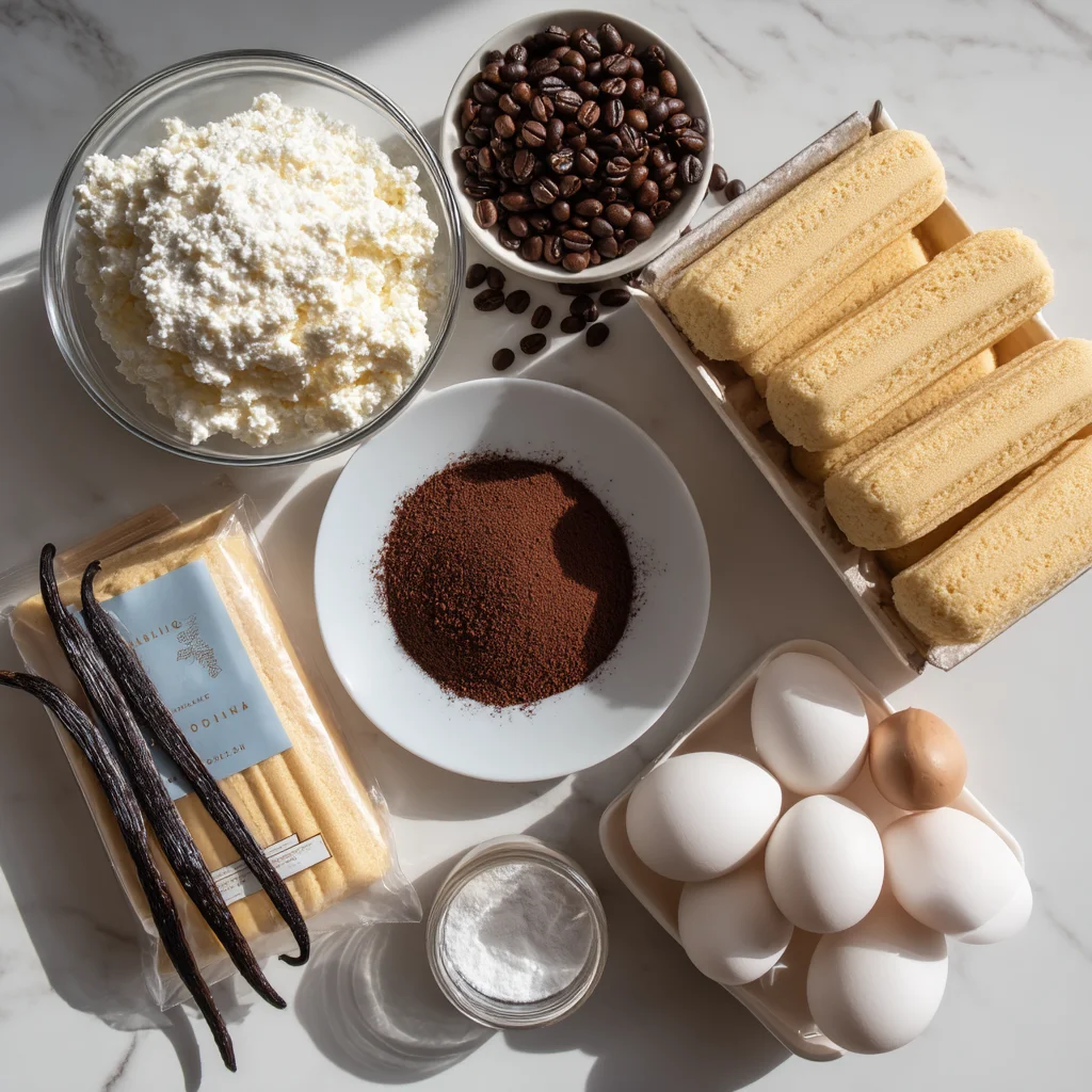 Creamy cottage cheese tiramisu layers with dusted cocoa powder and ladyfinger biscuits peeking through