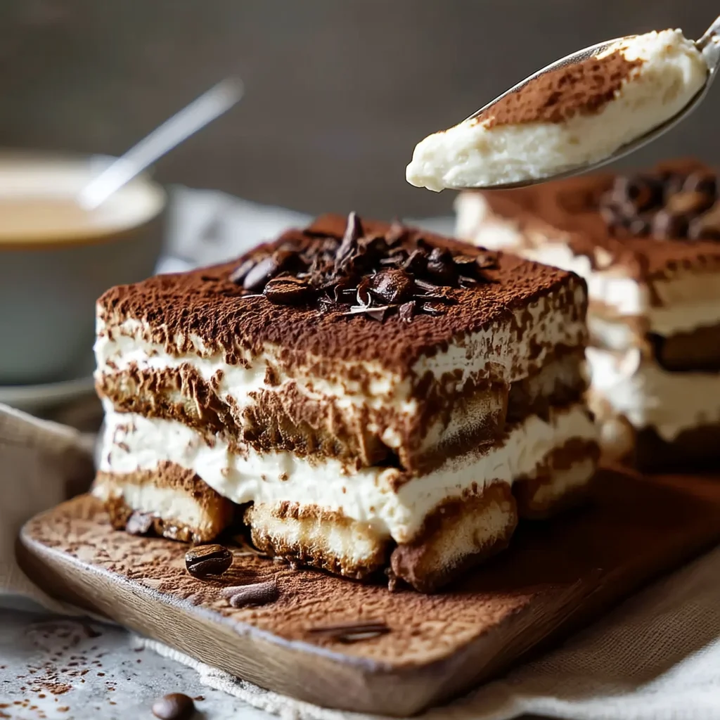 creamy cottage cheese tiramisu in a white ceramic dish with dusted cocoa and coffee-soaked ladyfingers