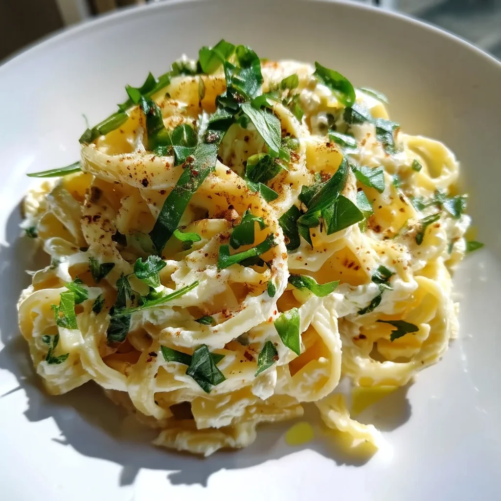 creamy cottage cheese alfredo pasta with golden edges and fresh parsley garnish