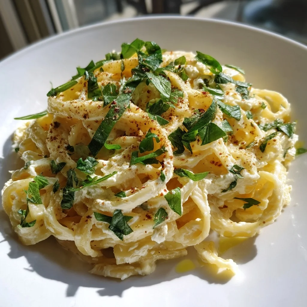 creamy cottage cheese alfredo pasta with golden edges and fresh herbs in a white ceramic dish