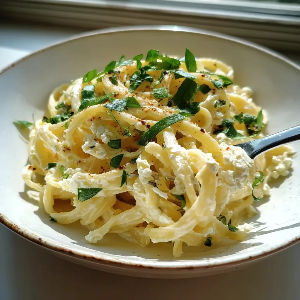 creamy cottage cheese alfredo pasta with glossy sauce coating noodles and fresh parsley garnish