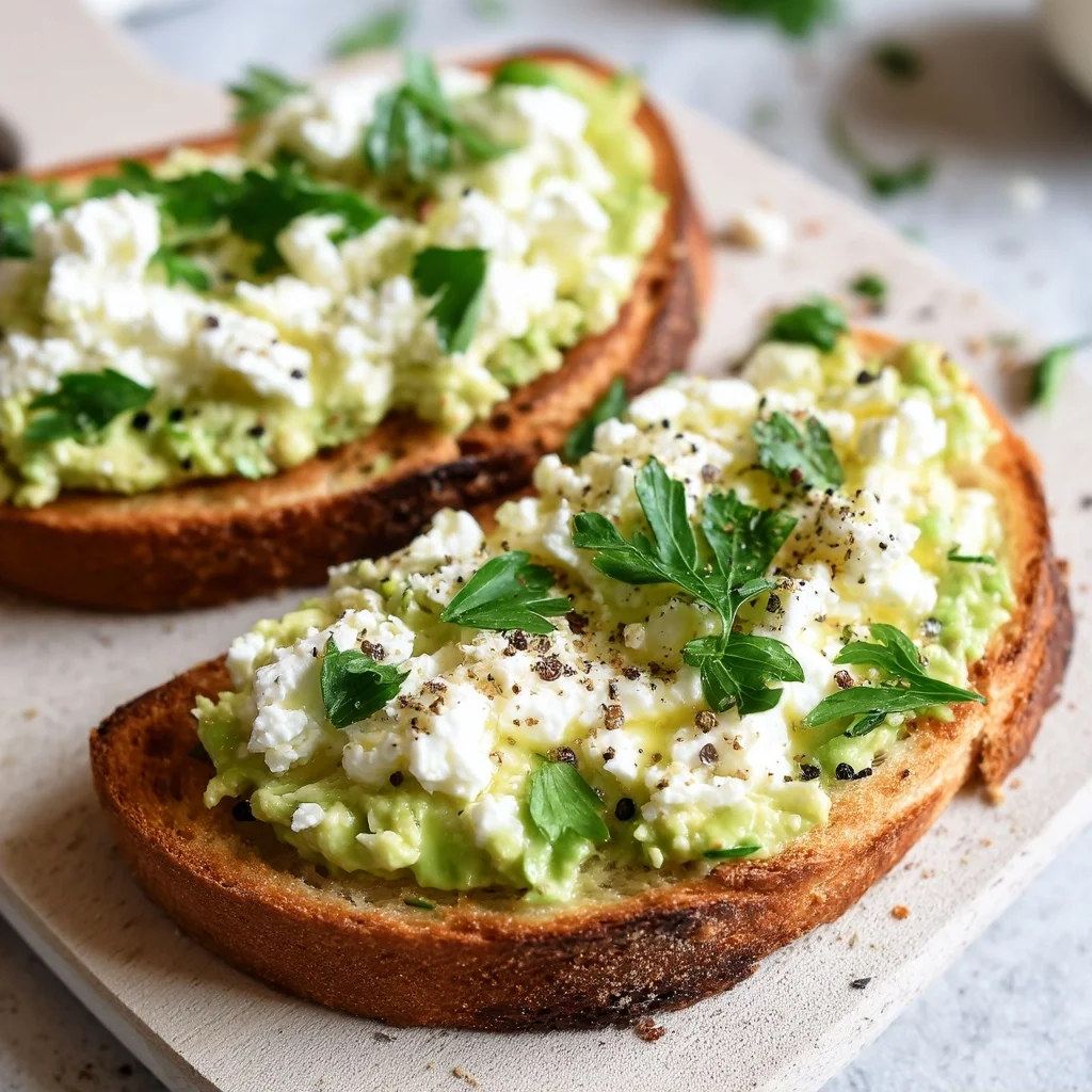 creamy cottage cheese avocado toast on rustic bread, topped with fresh herbs and cracked pepper