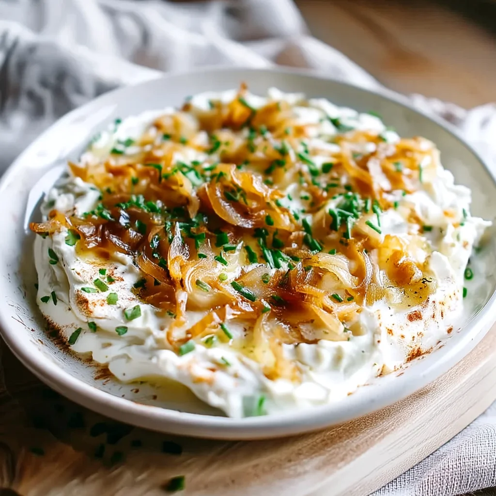 creamy cottage cheese french onion dip in white ceramic dish with golden edges and fresh chive garnish