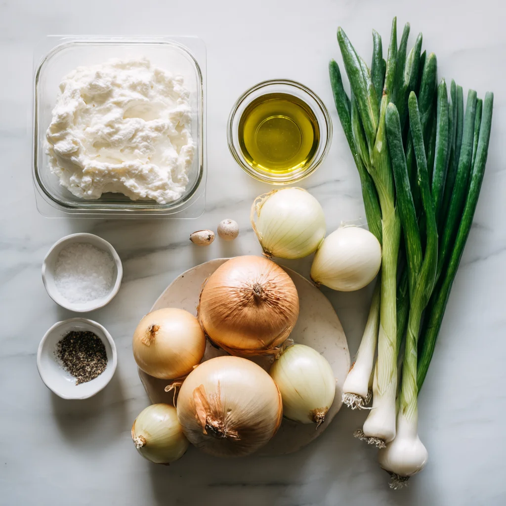 Creamy cottage cheese french onion dip in a white ceramic dish with golden caramelized onions and fresh chives sprinkled on t