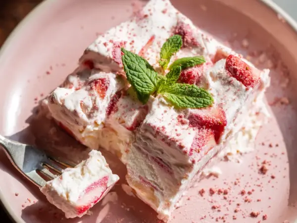 creamy frozen strawberry yogurt bark with fresh strawberry slices and a glossy surface, perfect for a healthy treat