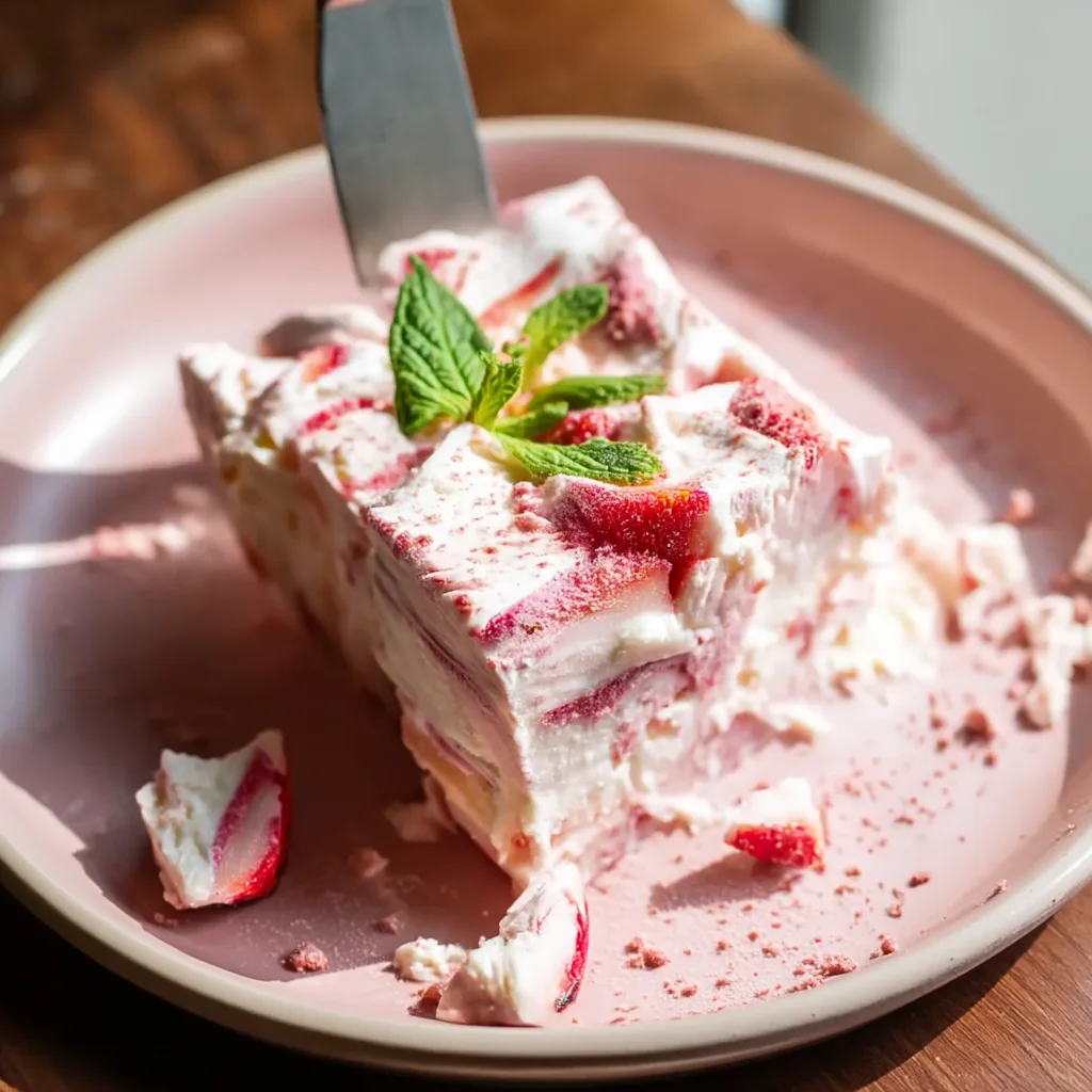 creamy frozen strawberry yogurt bark with fresh berry chunks and honey drizzle on a white plate