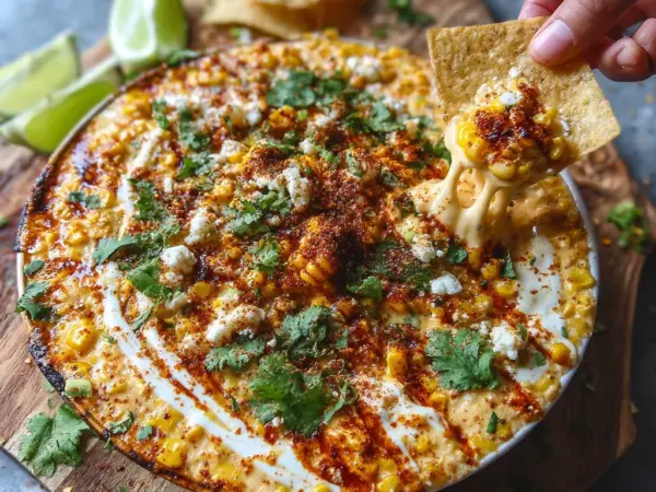 creamy mexican street corn dip in white ceramic dish with golden roasted edges and fresh cilantro garnish