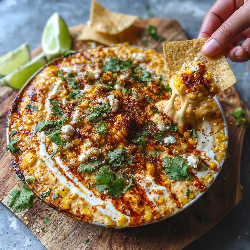 creamy mexican street corn dip in white ceramic dish with golden roasted edges and fresh cilantro garnish