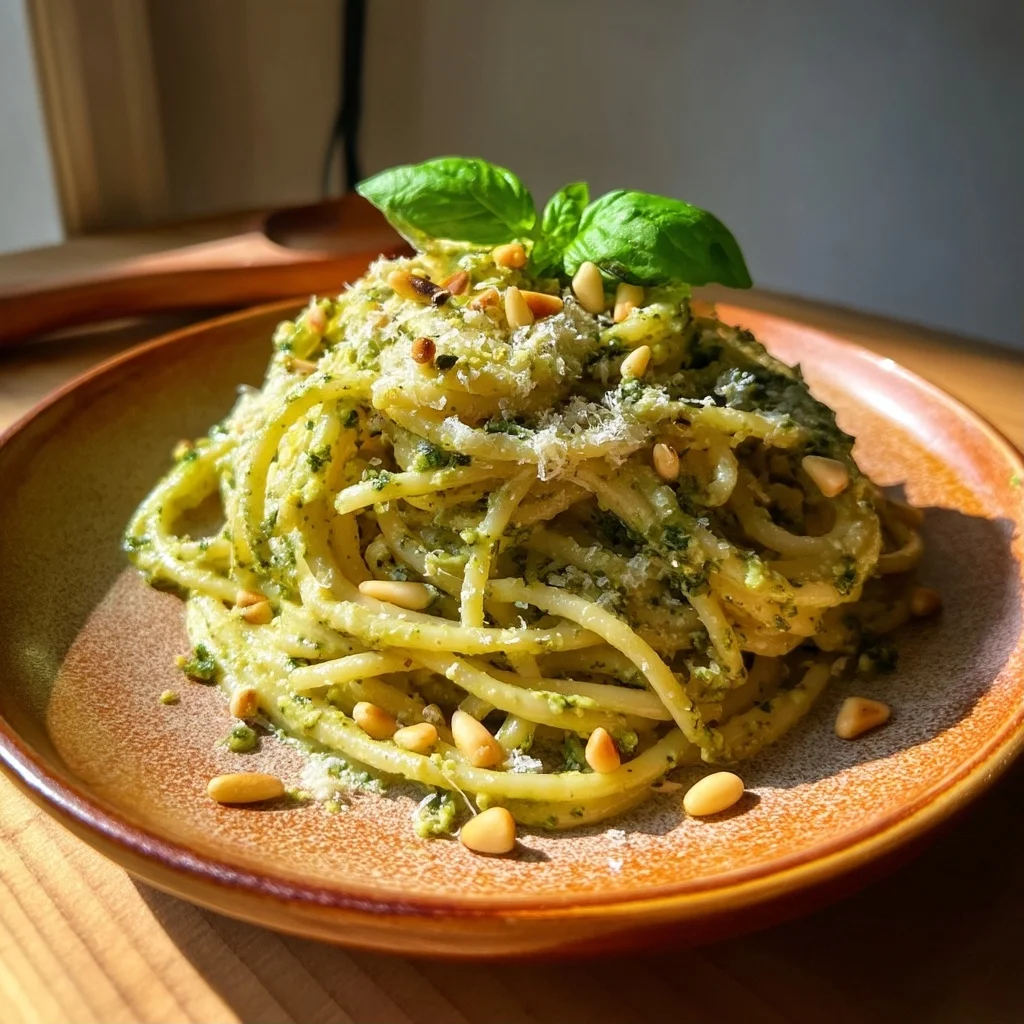 creamy pesto pasta with glossy basil sauce coating al dente noodles, topped with parmesan and pine nuts