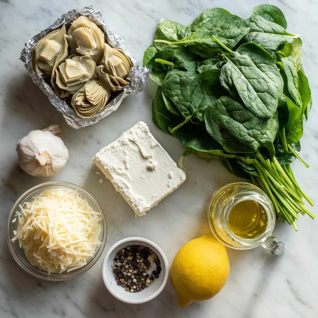 creamy spinach artichoke dip bubbling in a white ceramic dish with golden cheese topping and visible artichoke pieces