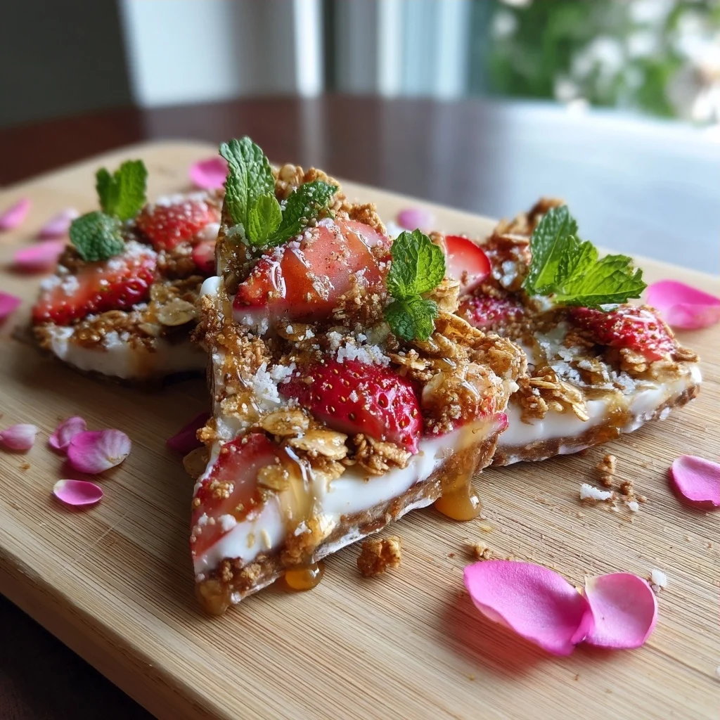 creamy strawberry yogurt bark with fresh strawberry chunks and white chocolate drizzle on marble counter