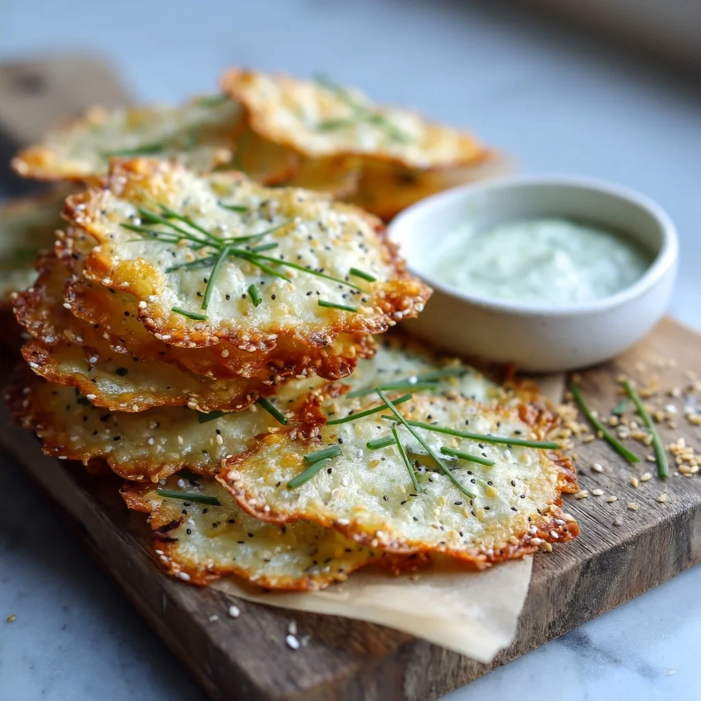 crispy everything bagel cc chips with golden edges, coated in creamy sauce and sprinkled with fresh herbs