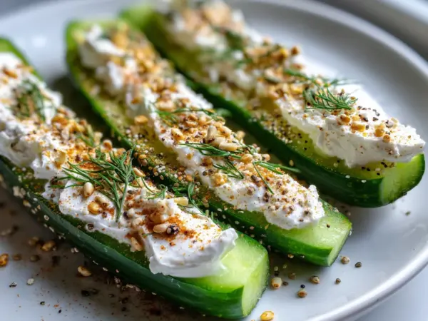 crisp cucumber boats filled with creamy everything bagel seasoning and fresh toppings on a white ceramic plate