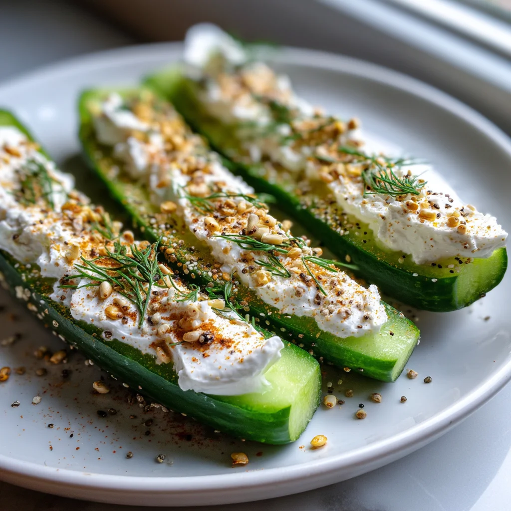 crisp cucumber boats filled with creamy everything bagel seasoning and fresh toppings on a white ceramic plate