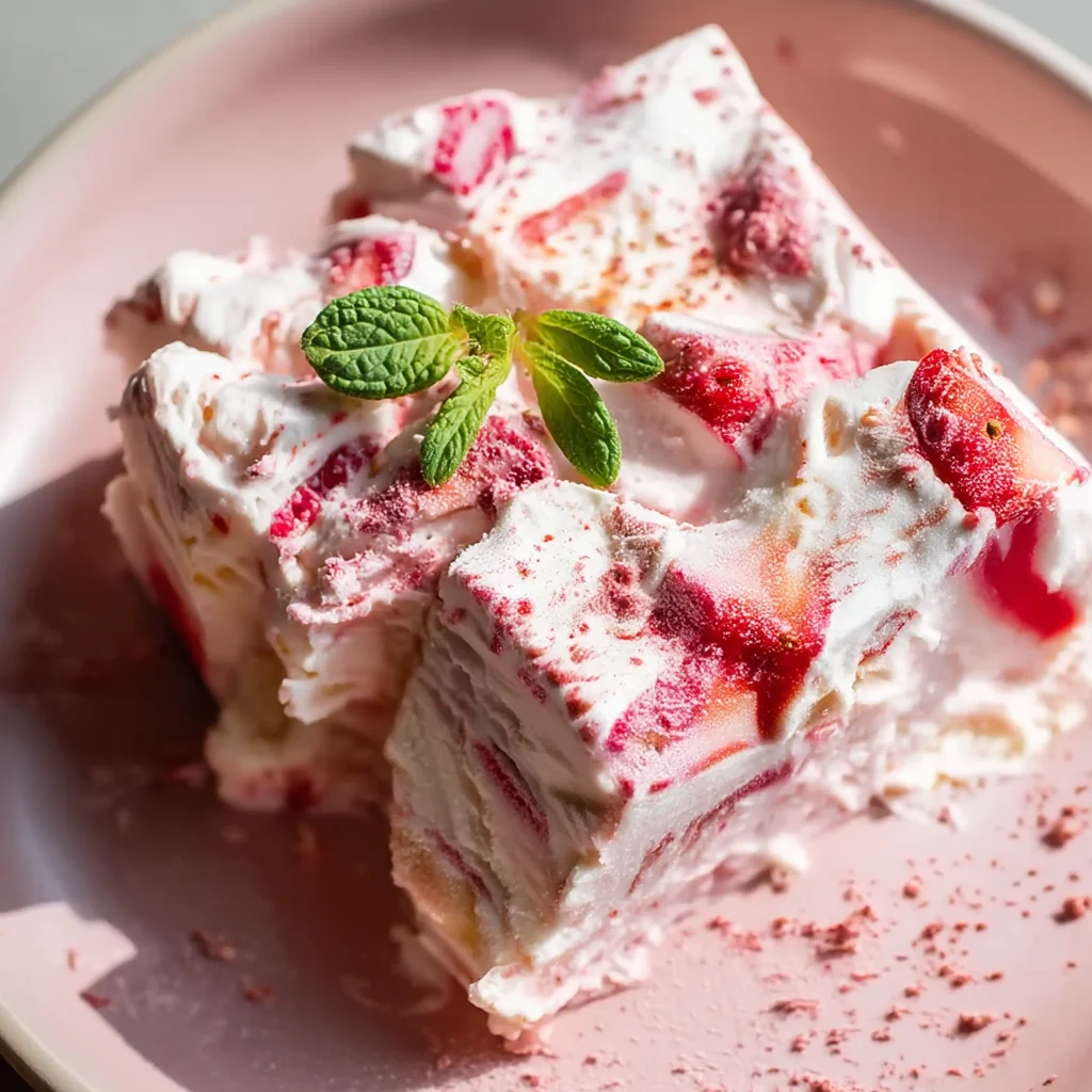 closeup of creamy frozen strawberry yogurt bark with fresh strawberry chunks and drizzled honey on a white ceramic dish