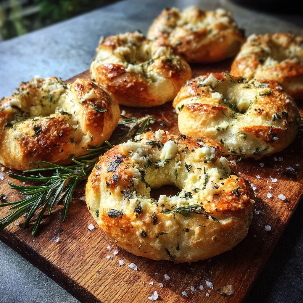 Freshly baked garlic herb bagels with golden crust and visible herb flecks, arranged on a rustic wooden board