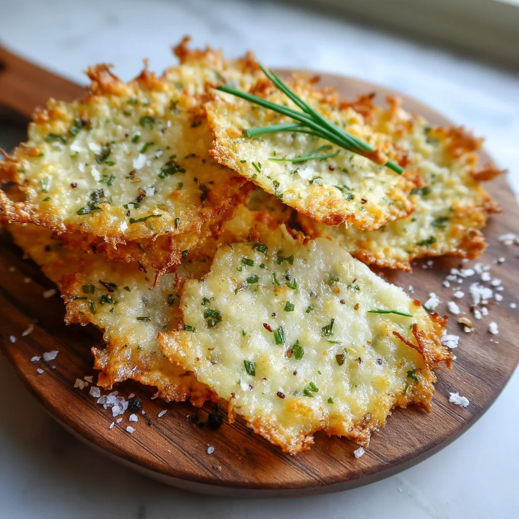 golden crispy garlic herb cottage cheese chips with fresh herbs and glossy coating in a white ceramic dish