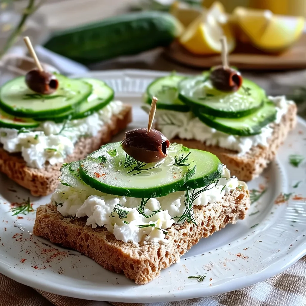 closeup of greek cucumber tea sandwiches with creamy tzatziki, crisp cucumbers, and fresh dill on soft white bread