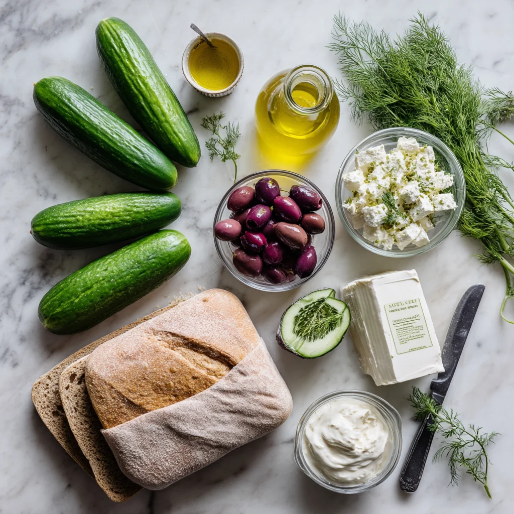 stacked greek cucumber tea sandwiches with creamy dill yogurt spread and crisp cucumber slices on crustless white bread