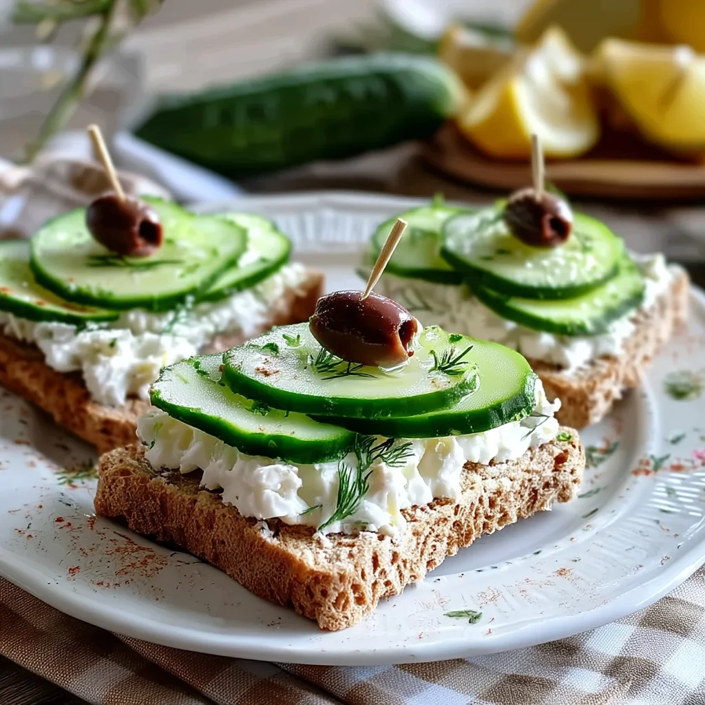 Greek cucumber tea sandwiches with creamy dill yogurt spread on crustless white bread, topped with crisp cucumber slices