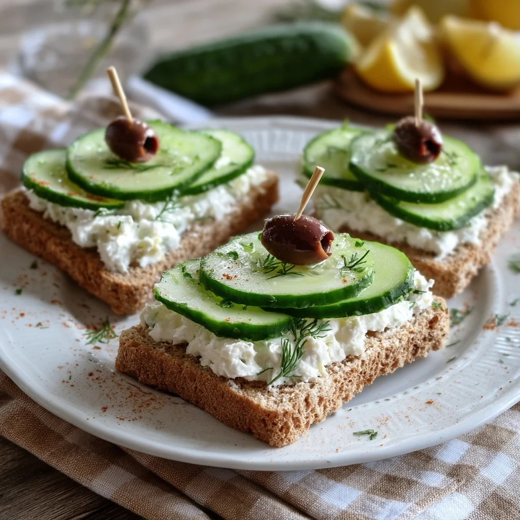 stacked greek cucumber tea sandwiches with creamy tzatziki spread and fresh dill on crustless white bread