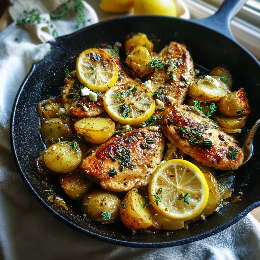 Greek lemon chicken skillet with golden roasted edges and creamy lemon sauce coating tender potatoes and herbs
